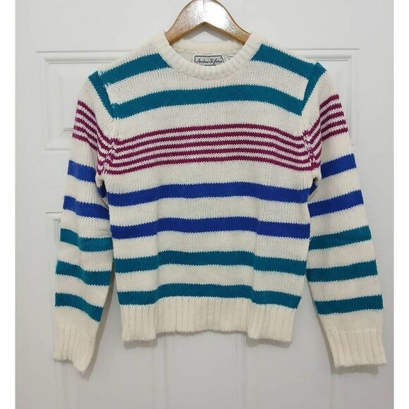 Vintage Andrew st john womens small blue green stipe crewneck sweater - Picture 2 of 5
